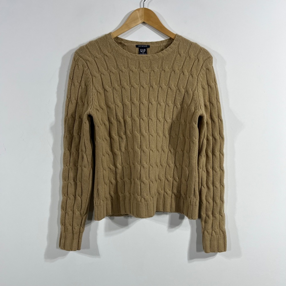 Gap VTG Fisherman Lambswool Cable Knit Sweater Camel Crewneck Womens Medium Boho